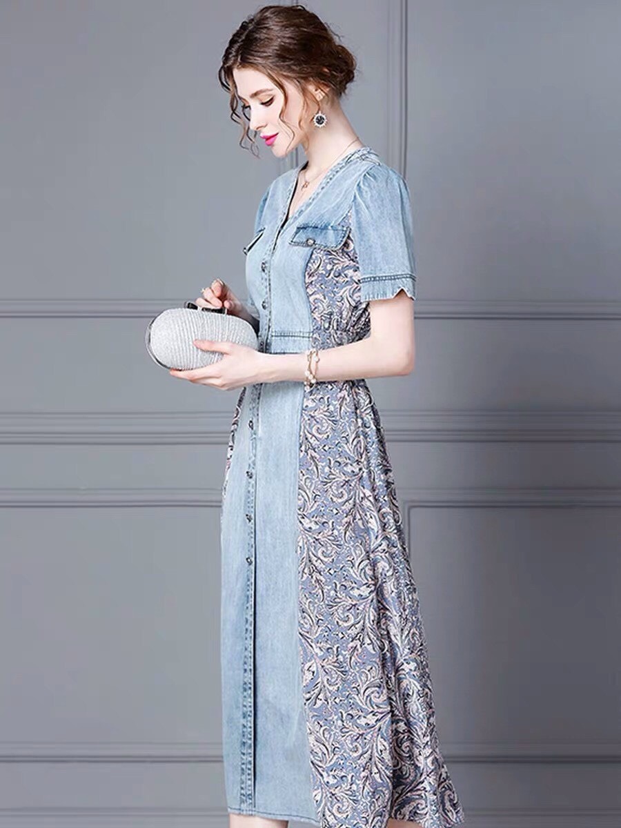 Đầm Jean Phối Thổ Cẩm Dáng Dài - HN912